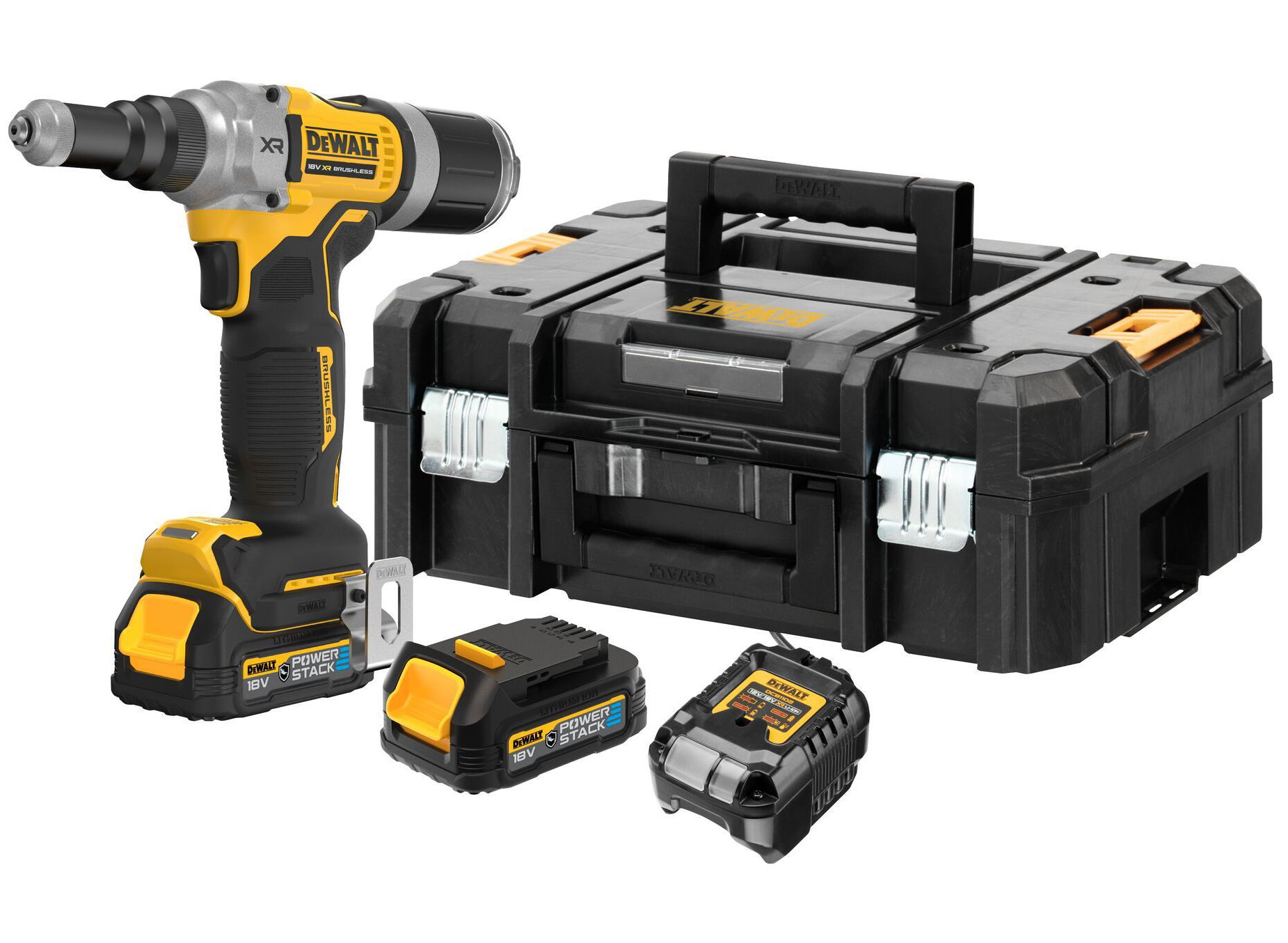 Dewalt DCF414E2GT szénkefe nélküli akkus popszegecshúzó (2 x 1.7 Ah Powerstack gumírozott Li-ion akkuval, TSTAK kofferben) termék fő termékképe